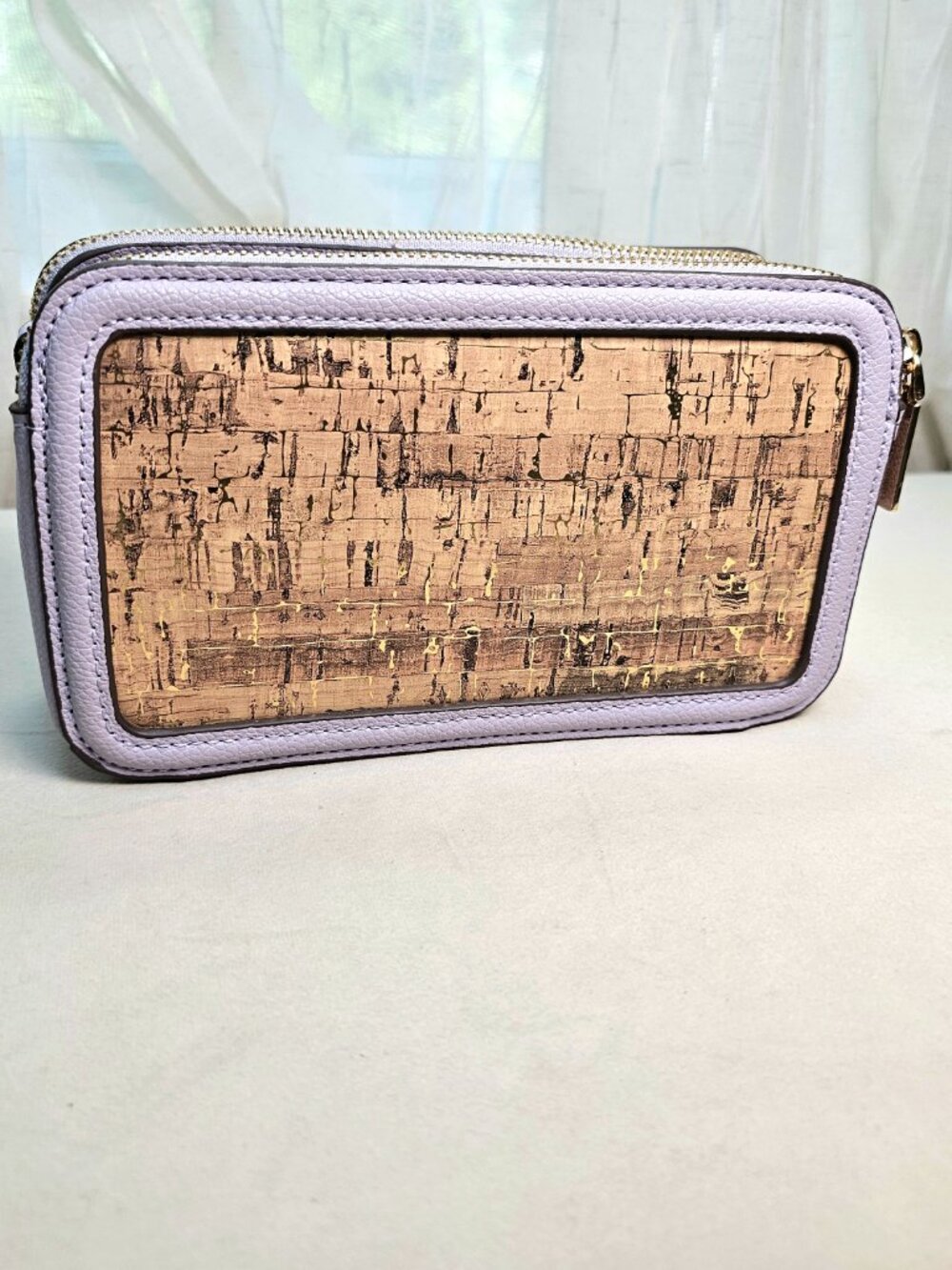 Anne Klein Lavender Cork Double Zip Camera Crossbody Bag Gold Chain Strap - Picture 10 of 15